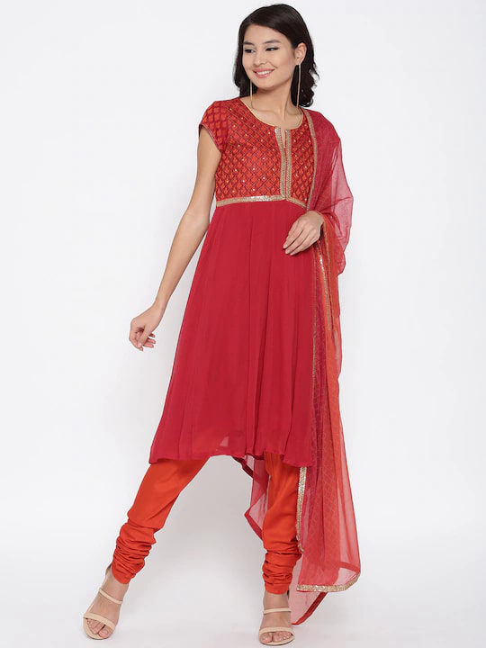 Rangriti Women Red & Rust Orange Self-Design Kurta with Churidar & Dupatta