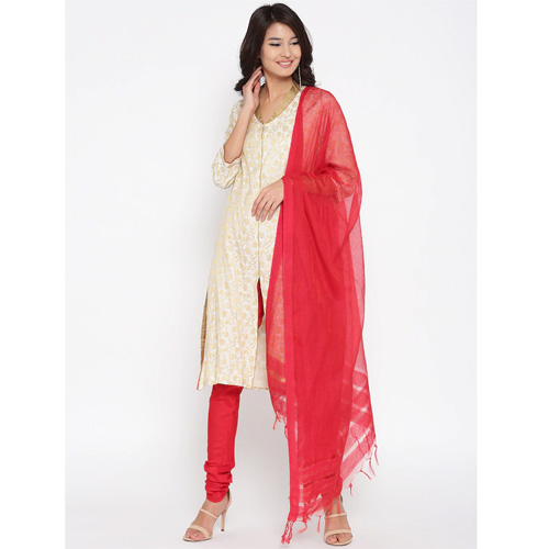 Women Off-White & Red Self-Design Kurta with Churidar & Dupatta X