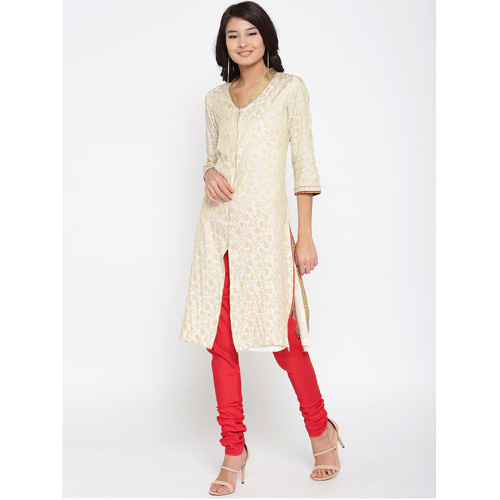 Women Off-White & Red Self-Design Kurta with Churidar & Dupatta X