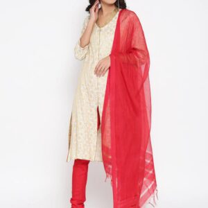 Rangriti Women Off-White & Red Self-Design Kurta with Churidar & Dupatta