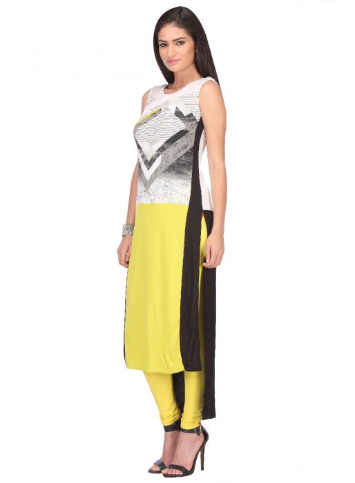 Yellow Printed Sleeveless Kurta