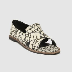 Roadster Women Off-White & Black Printed Open Toe Flats