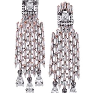 Priyaasi Gunmetal-Plated American Diamond Studded Geometric Patterned Drop Earrings