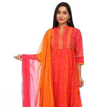 Rangriti Orange Kalidar Polyester Suit Set