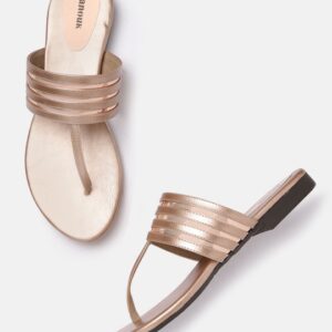 Anouk Women Rose Gold-Toned Striped Open Toe T-Strap Flats