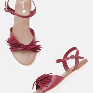 Sangria Women Toe Flats with Fringed Bow Detail