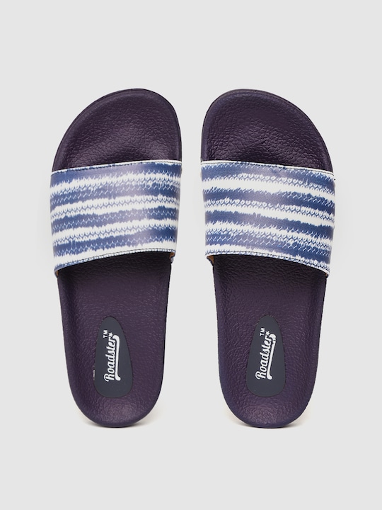 Roadster Women White & Blue Printed Sliders