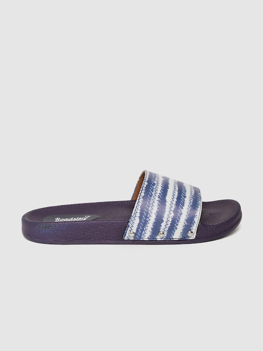 Roadster Women White & Blue Printed Sliders