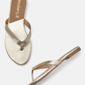 DressBerry Women Gold-Toned T-Strap Flats with Laser Cuts