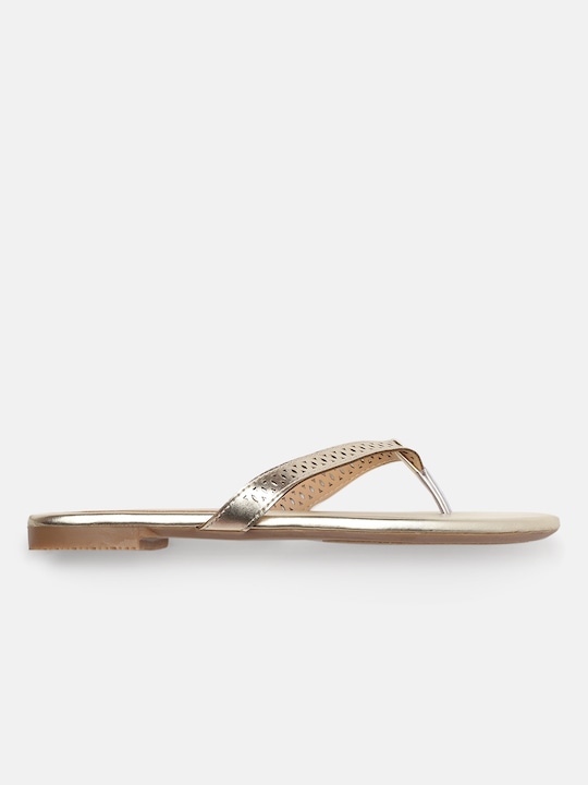 DressBerry Women Gold-Toned T-Strap Flats with Laser Cuts