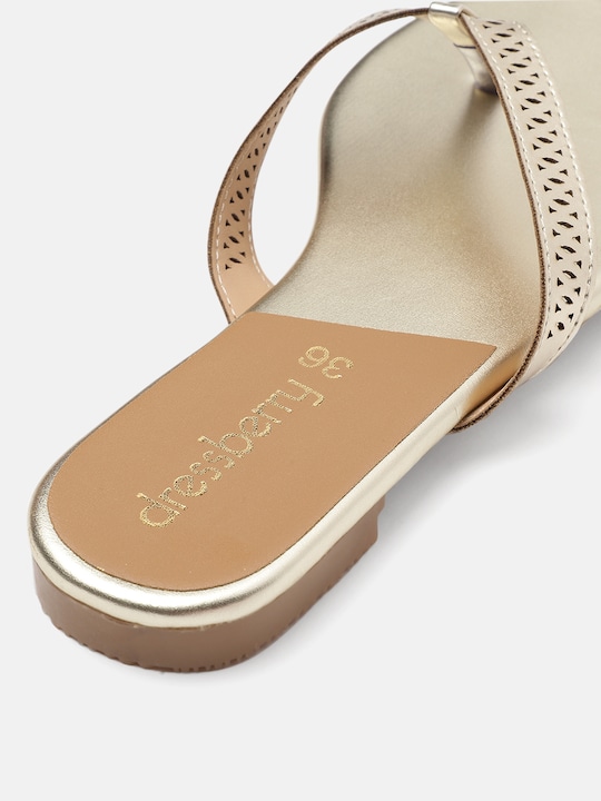 DressBerry Women Gold-Toned T-Strap Flats with Laser Cuts