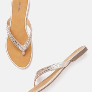 Anouk Women Rose Gold-Toned Embellished T-Strap Flats