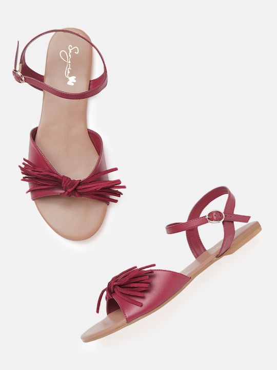 Sangria Women Solid Open Toe Flats with Fringed Bow Detail