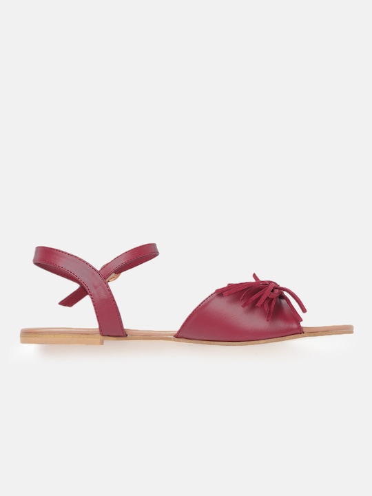 Sangria Women Solid Open Toe Flats with Fringed Bow Detail