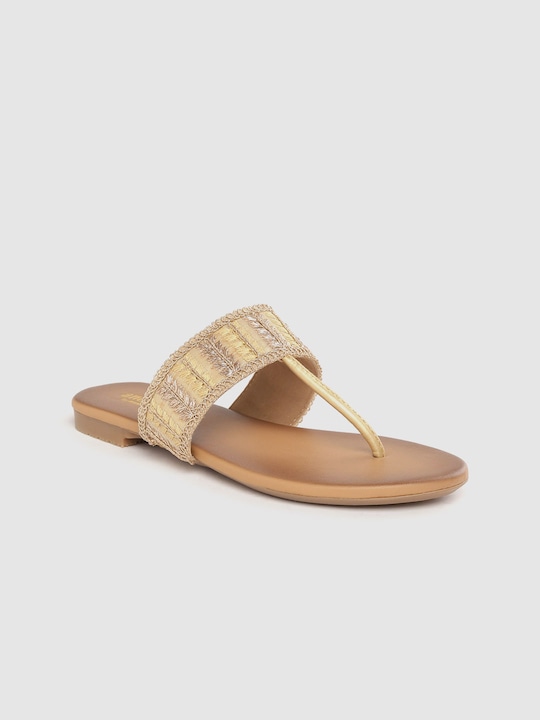 Anouk Women Gold-Toned Ethnic Embellished T-Strap Flats