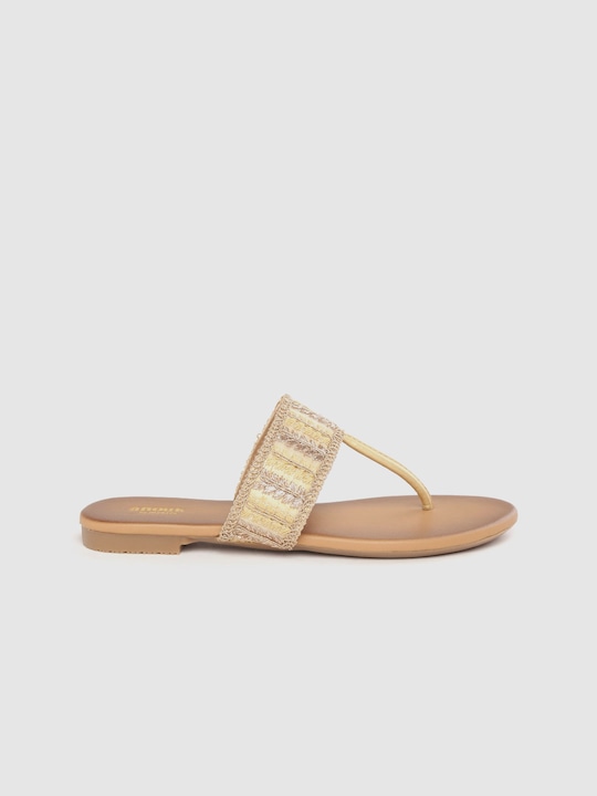 Anouk Women Gold-Toned Ethnic Embellished T-Strap Flats