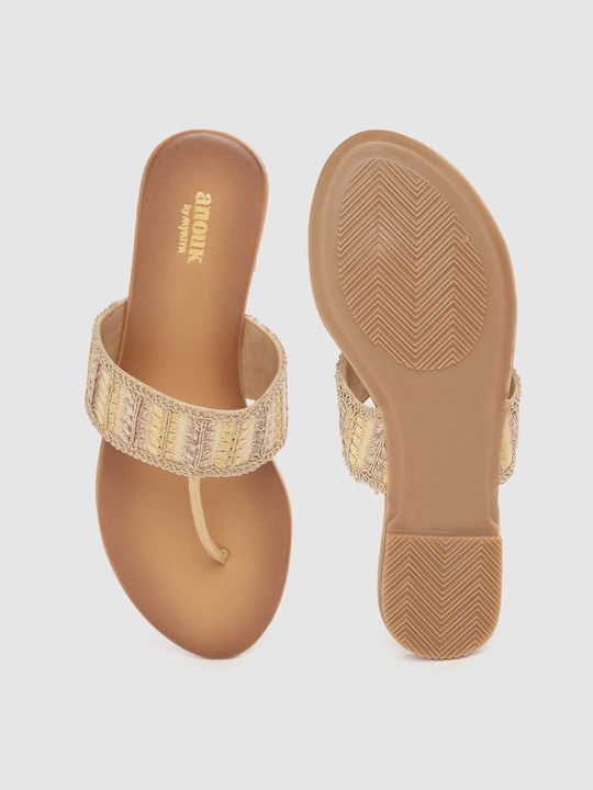 Anouk Women Gold-Toned Ethnic Embellished T-Strap Flats