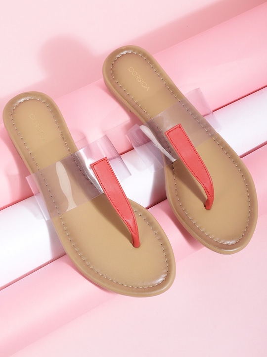 CORSICA Women Red & Transparent Solid T-Strap Flats