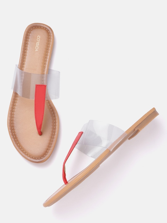 CORSICA Women Red & Transparent Solid T-Strap Flats