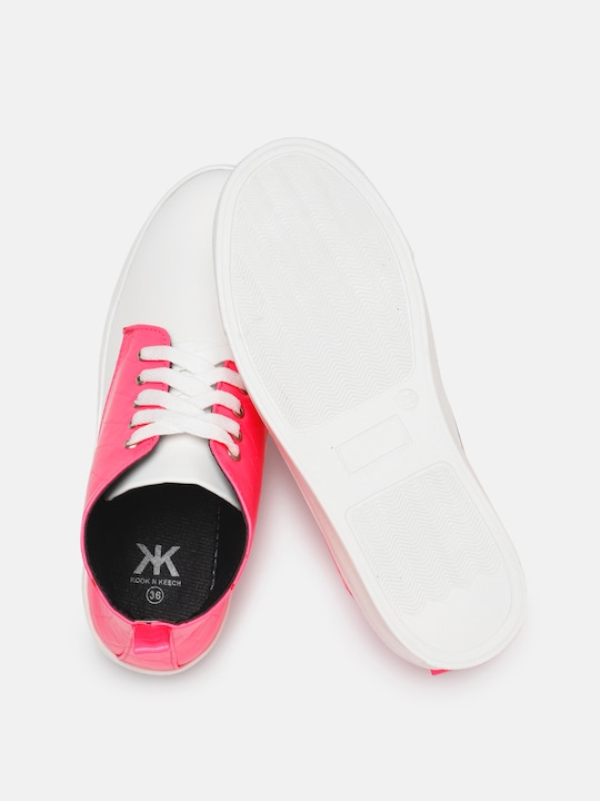 Kook N Keech Women White & Pink Colourblocked Mid-Top Sneakers