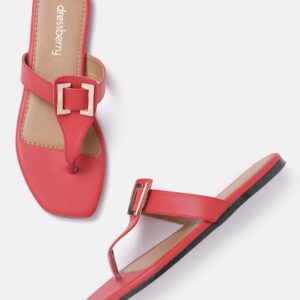 DressBerry Women Red Solid T-Strap Flats