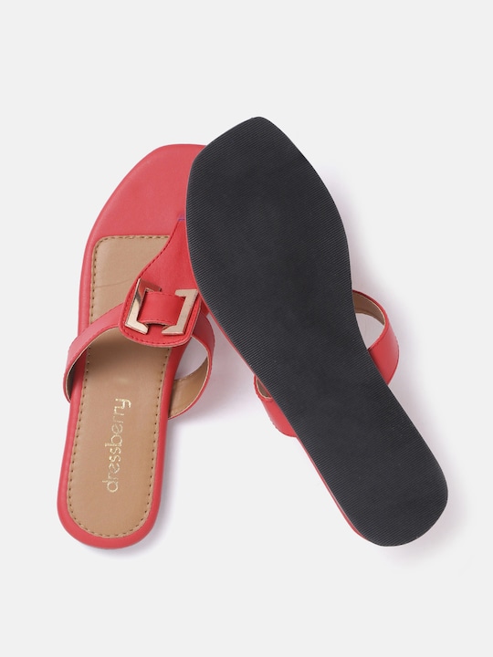 DressBerry Women Red Solid T-Strap Flats