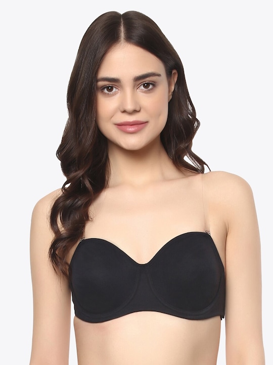 Soie Black Solid Underwired Non Padded Balconette Bra