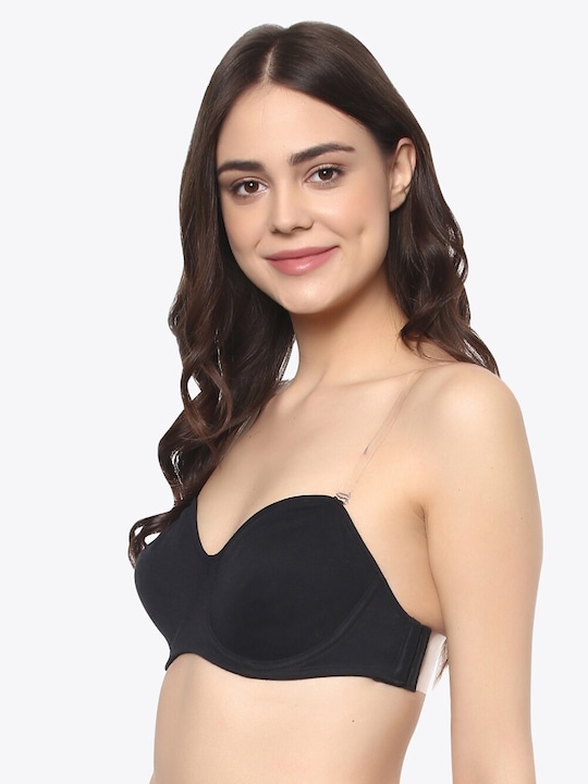 Soie Black Solid Underwired Non Padded Balconette Bra