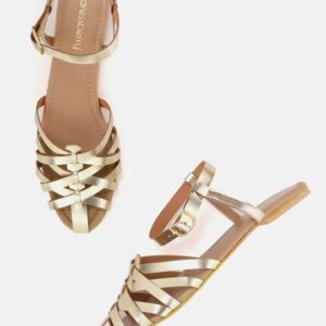 DressBerry Women Gold-Toned Solid Criss-Cross Strap Flats