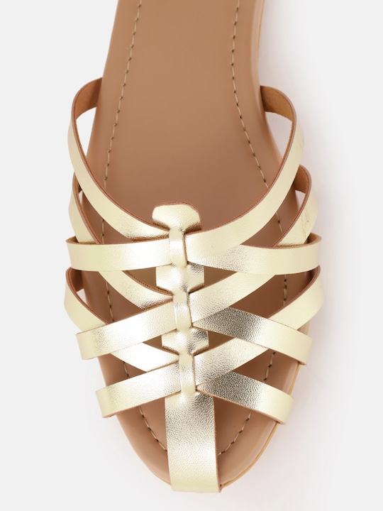 DressBerry Women Gold-Toned Solid Criss-Cross Strap Flats