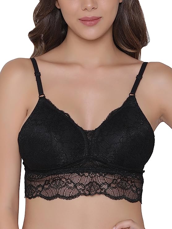 Clovia Women"s Lace Solid Padded Full Cup Wire Free Bralette Bra