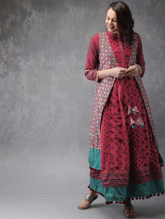 Anouk Women Maroon Printed Layered A-Line Kurta