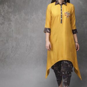 Anouk Women Solid Kurta With Embroidery Detail & Printed Dhoti Pants