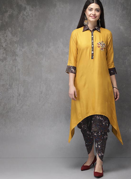 Anouk Women Solid Kurta With Embroidery Detail & Printed Dhoti Pants