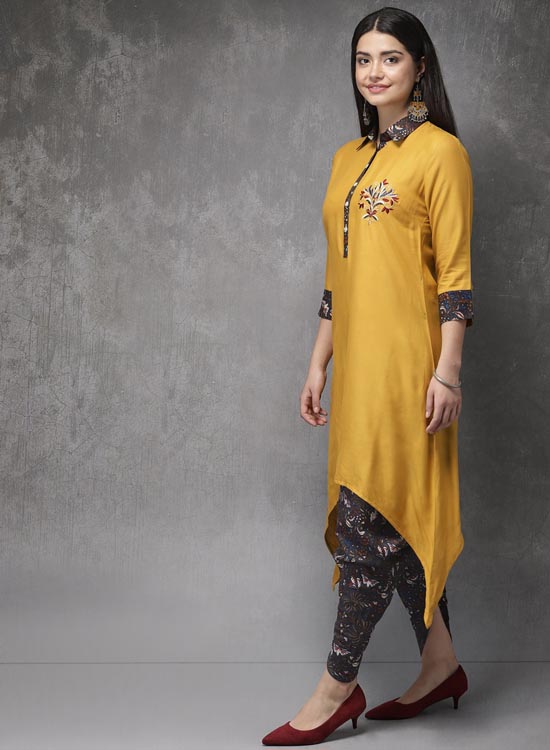 Anouk Women Solid Kurta With Embroidery Detail & Printed Dhoti Pants