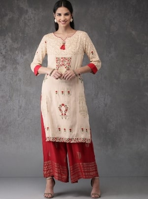 Anouk Women Off-White & Red Printed Kurta with Palazzo