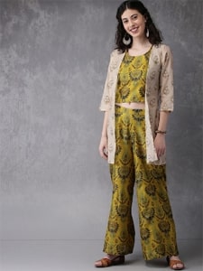 Anouk Women Mustard Yellow & Beige Printed Top with Palazzos & Ethnic Jacket