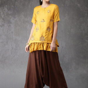 Anouk Women Mustard  Embroidered Kurti with Trouser