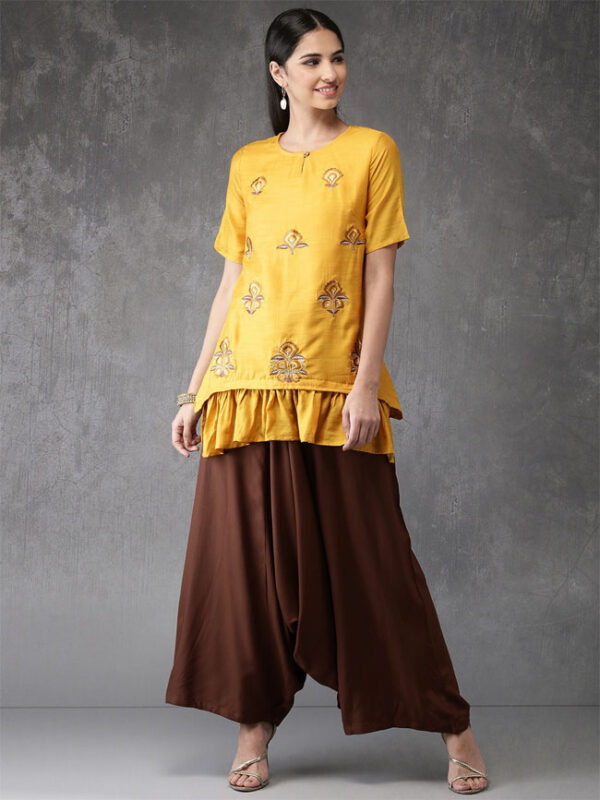 Anouk Women Mustard  Embroidered Kurti with Trouser