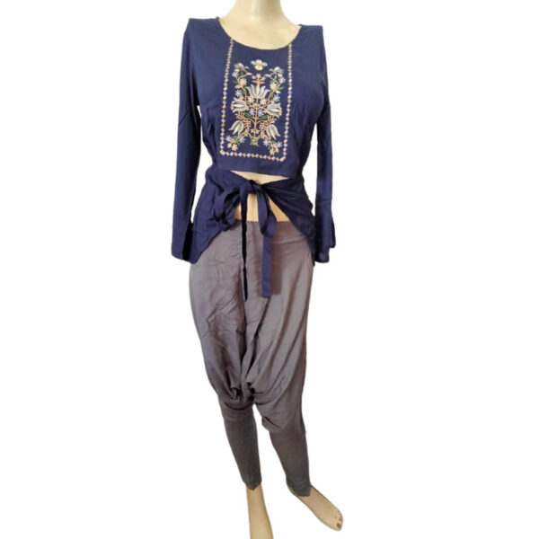 Anouk Women Navy Blue & Grey Embroidered Top with Dhoti Pants