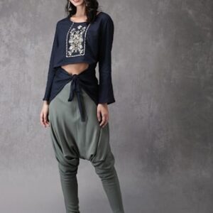 Anouk Women Navy Blue & Grey Embroidered Top with Dhoti Pants