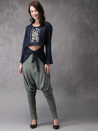 Anouk Women Navy Blue & Grey Embroidered Top with Dhoti Pants