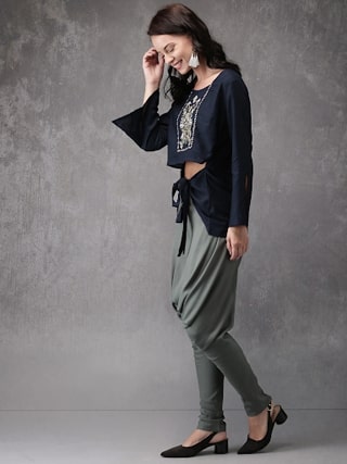 Anouk Women Navy Blue & Grey Embroidered Top with Dhoti Pants