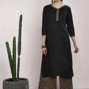 Sangria Women Black & Golden Solid Kurta with Palazzos & Dupatta