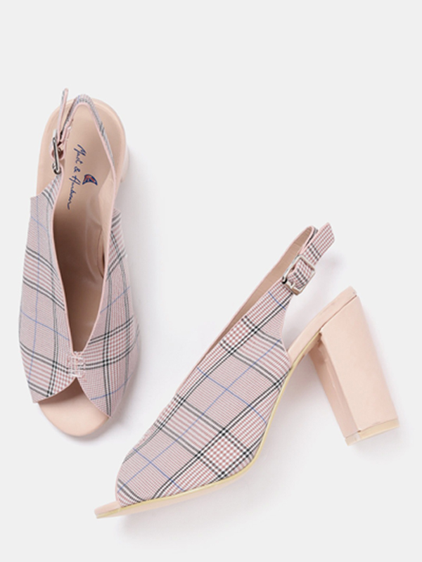 Mast & Harbour Women Peach-Coloured & Black Checked Heels