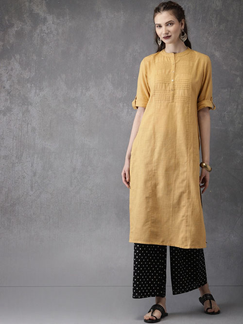 Anouk Women Mustard Yellow & Black Solid Kurta with Palazzos