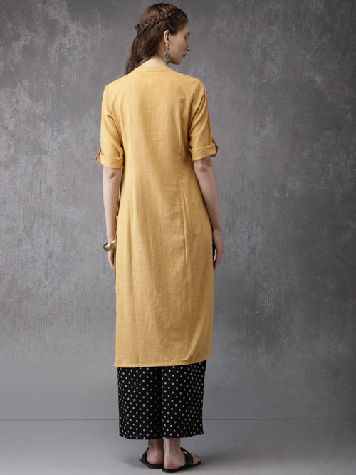 Anouk Women Mustard Yellow & Black Solid Kurta with Palazzos