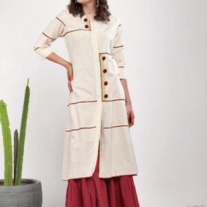 Sangria Women Off-White & Red Embroidered Kurta with Sharara