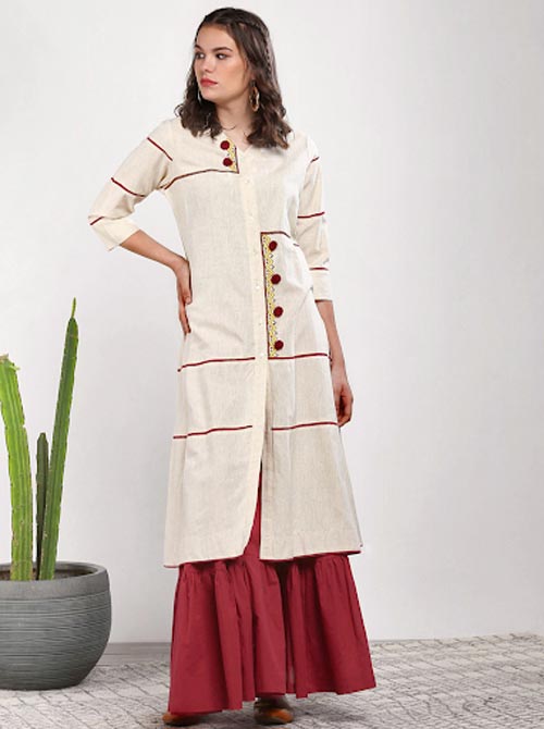 Sangria Women Off-White & Red Embroidered Kurta with Sharara