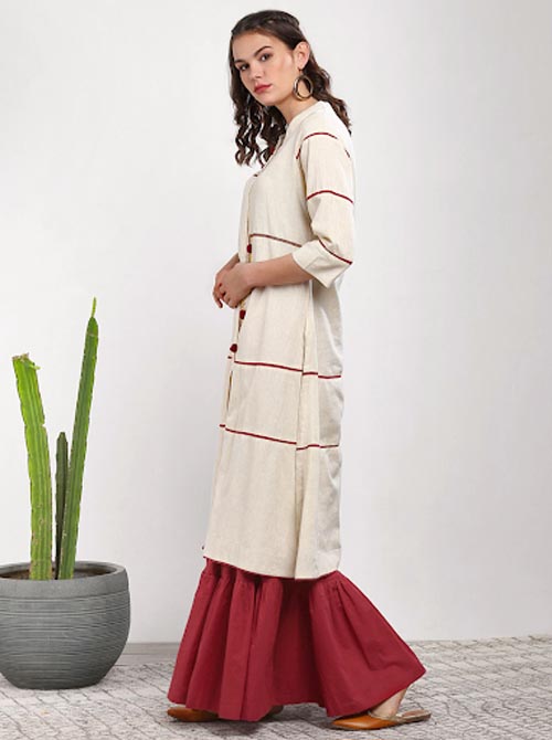 Sangria Women Off-White & Red Embroidered Kurta with Sharara